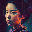 © Alguien - Abstract portrait of Asian woman with glitch effect illustration, Generative AI