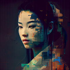 Wall Mural - Abstract portrait of Asian woman with glitch effect illustration, Generative AI