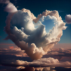 Wall Mural - Heart shaped cloud in sky, clouds with heart shape symbol love valentine wallpaper, Generative AI