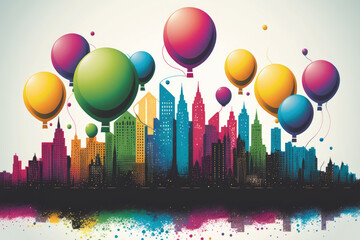 Colorful balloon celebration banner stretching across a city skyline, generative ai