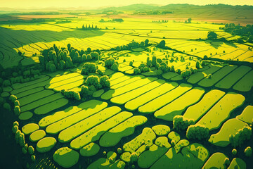 Canvas Print - Aerial view of bright green agricultural farm field with growing rapeseed plants at sunset. Generative AI