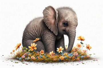 Wall Mural - Baby elephant and flowers sitting watercolor, Generative AI