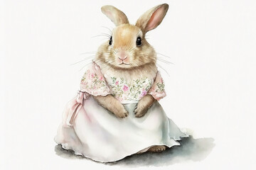 Wall Mural - Bunny rabbit in a dress watercolor, Generative AI