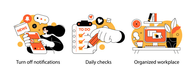 Remote Work Benefits, Limitations and Workflow Organization Concept illustrations. Collection of scenes with people organizing and improving their workflow. Visual stories