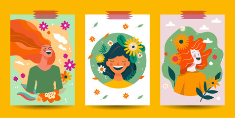  Beautiful happy woman card poster set. Summer and spring flower, girl smile beauty vector background.