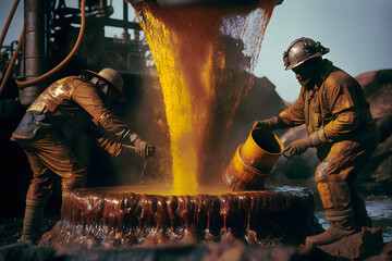 Workers in hard hats extract oil, a fountain of high-pressure organic oil splashes on the surface of the earth next to the oil rig. Generative AI technology.