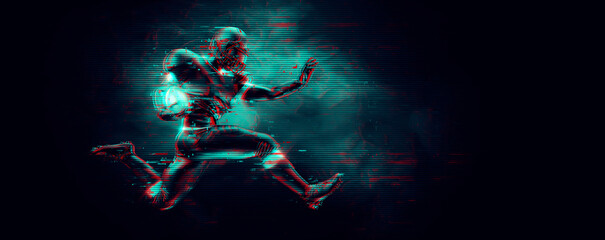 Abstract silhouette of a NFL american football player man in action isolated black background.