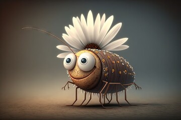 Wall Mural -  a very cute looking insect with a big flower on it's back legs and eyes, with a big smile on its face, on a dark background.  generative ai