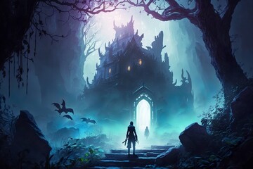 Wall Mural - Lone wanderer discovers and old castle in a fantasy realm with giant dead trees and mystical blueish glowing fog