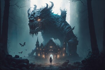 Wall Mural - Colossal fantasy guardian protecting castle from lone wanderer knight