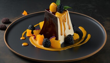 Wall Mural -  a plate with a dessert on top of it on a black surface with fruit and sauce on top of the plate and chocolate sauce drizzled on the top of the plate.  generative ai