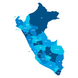 Fototapeta  - Peru political map of administrative divisions - departments. Flat blue vector map with name labels.