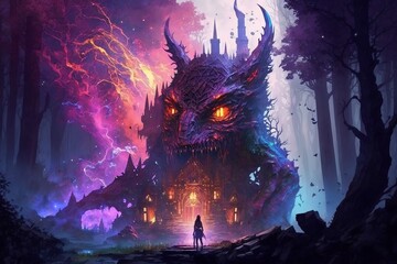 Wall Mural - Terrifying and colossal raging red and purple fantasy wolf guardian protecting castle from lone wanderer knight