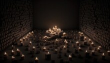  A Room Filled With Lots Of Lit Candles Next To A Wall Of Books On A Black Background With A Black Background And A Black Floor.  Generative Ai