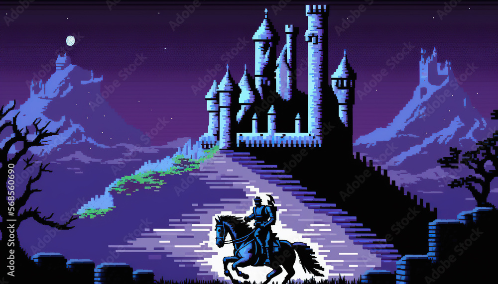 Adventure game screen, Retro computer games level. Pixel art video game ...