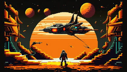 Wall Mural - A space ship on an racetrack, Retro computer games level. Pixel art video game scene 8 bit.