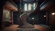  a spiral staircase in a large room with bookshelves and a clock on the side of the wall and a painting on the wall.  generative ai