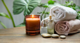 Fototapeta Storczyk - Spa and wellness setting with scented candle, massage oils and towels, relaxing spa still life