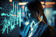 © Roger - business woman looking at chart wall with graphs and bar diagrams, economical banner, generative ai