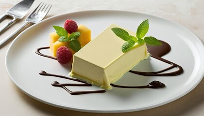 Poster -  a white plate topped with a piece of cake next to raspberries and a chocolate sauce on a white plate next to a fork.  generative ai