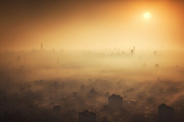 Sticker -  a foggy city skyline with the sun shining through the fog and buildings in the foreground and the sun in the distance with a hazy sky.  generative ai