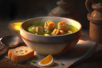 Sticker -  a bowl of soup on a table with a spoon and a slice of bread on the side of the bowl and a spoon on the side.  generative ai