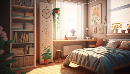 Wall Mural -  a bedroom with a bed, desk, bookshelf and a window with a clock on the side of the wall and a plant in the corner of the room.  generative ai