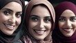 © Adriana - Smiling young middle eastern woment wearing a hijab looking at the camera. generative AI