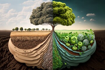 regenerative agriculture, improving soil health and biodiversity concept with two side fields. ai ge