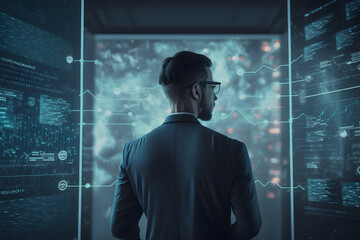 In the System Control Room Technical Operator Stands and Monitors Various Activities Showing on Multiple Displays with Graphics. Administrator Monitors Work of Artificial Intelligence