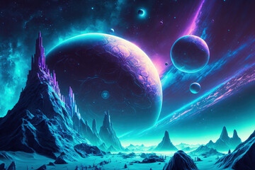 Wall Mural - Space 2022. Abstract sci fi futuristic space background. Abstract neon space background with stars and nebulae. Neon light, icy planet, futuristic fantasy scenery, sci fi landscape. Generative AI