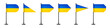 Realistic various Ukrainian table flags on a black steel pole. Souvenir from Ukraine. Desk flag made of paper or fabric, shiny metal stand. Mockup for promotion and advertising. Vector illustration