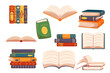 Set Of Books, Bestsellers, School Textbooks. Closed And Open Dictionaries With Colorful Covers And Bookmarks