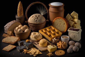 Poster -  a table topped with lots of different types of bread and pastries on top of a black tablecloth covered in condiments and cookies.  generative ai