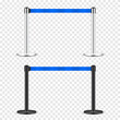 Realistic blue retractable belt stanchion. Crowd control barrier posts with caution strap. Queue lines. Restriction border and danger tape. Attention, warning sign. Vector illustration