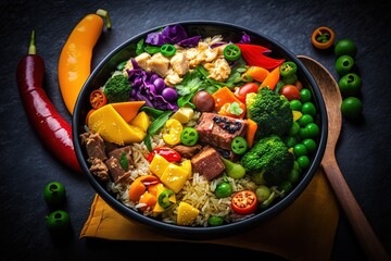  a bowl filled with vegetables and meat on top of a table next to a wooden spoon and a pepper pepper on top of the bowl.  generative ai