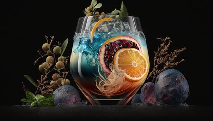 Poster -  a wine glass with an orange slice and a grape and orange slice in it with other fruit and vegetables around it on a black background.  generative ai