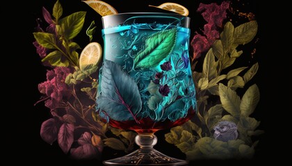 Poster -  a glass filled with a liquid and a slice of lemon sitting on top of a table next to a bunch of leaves and flowers on a black background.  generative ai