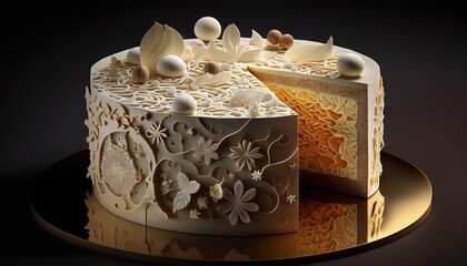 Wall Mural -  a cake with a slice missing from it on a gold platter with a black back ground and a black back ground with a gold plate with a cake with a slice missing.  generative ai