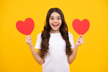 Young Teenager Child Girl With Heart Shape. Happy Valentines Day. Love And Pleasant Feelings Concept. Happy Teenager, Positive And Smiling Emotions Of Teen Girl.