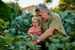 © Mint Images - Grandfather with young grandson looking at vegetables growing in garden