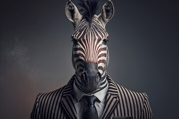 Wall Mural - Portrait of a Zebra Dressed in a Formal Business Suit, The Elegant Boss Zebra, Generative Ai