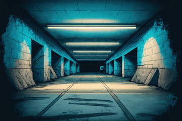 Canvas Print - Imaginative Garage Underground Blue Light Corridor Hallway Tunnel Science fiction futuristic grungy stage illustration of a parking garage made of cement and concrete. Generative AI