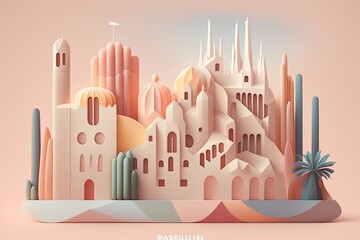 a minimalist travel illustration of Barcelona City in pastel colors with iconic symbols, geometric fluid shape composition