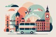 a minimalist travel illustration of London City in pastel colors with iconic symbols, geometric fluid shape composition