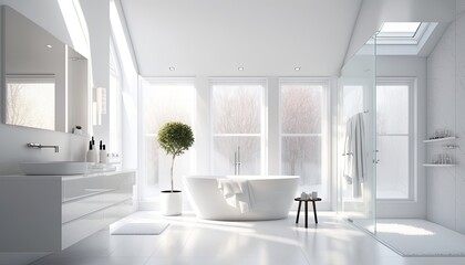 modern all-white bathroom with sleek design, freestanding tub and rain, shower head. sunbeams shinin