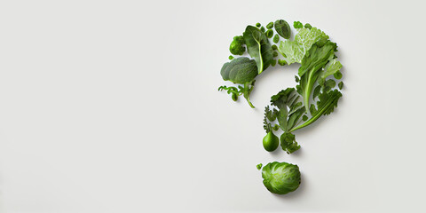 Question mark made by vegetables and fruits; healthy food concepts. Made with Generative AI.