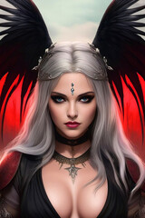 A woman with white hair in a black dress and with black wings, with a black choker and a red background, dark fantasy, gothic. Generative AI