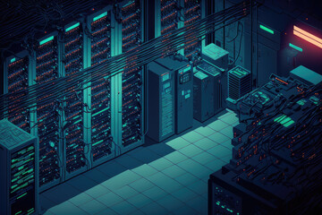 Sticker - Panoramic View of a Busy Data Center with Rows of Rack Servers. Computers are running and blue LED lights are blinking. Ambient darkness. Generative AI