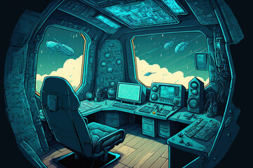 Sticker - Interior of a grungy spaceship with a blue background. Generative AI